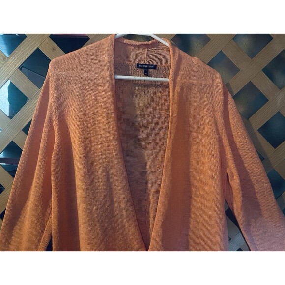 EILEEN FISHER coral orange linen blend open front cardigan Sz M - Picture 2 of 9